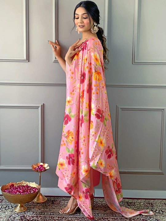 Floral Yoke Design Regular Straight Kurta With Trousers & Dupatta