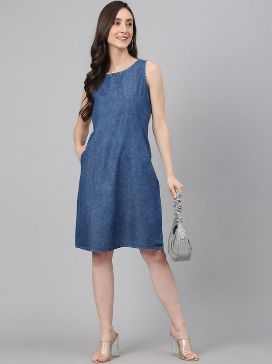 Women's Blue Denim Solid Straight Western Dress