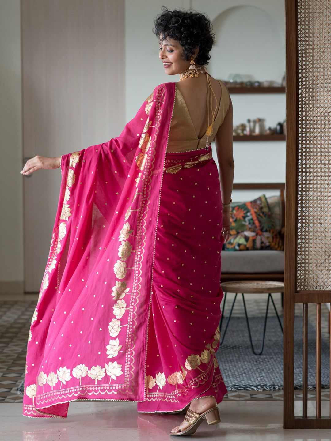 Polka Dot Printed Embellished Saree