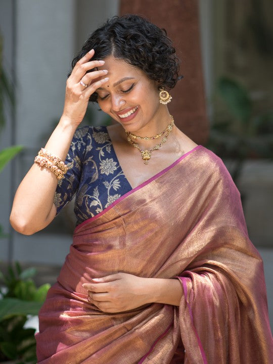 Pink & Gold-Toned Zari Pure Linen Saree