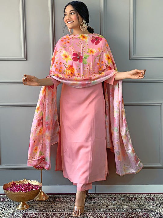 Floral Yoke Design Regular Straight Kurta With Trousers & Dupatta