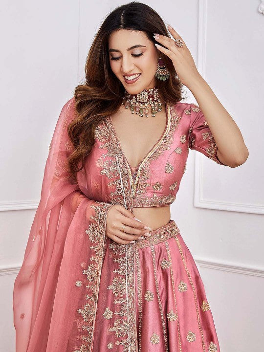 Embroidered Sequinned Semi-Stitched Lehenga & Unstitched Blouse With Dupatta