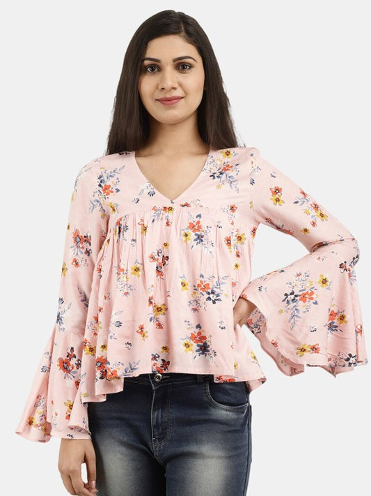 Women Western Light Pink Floral Print Peplum Top