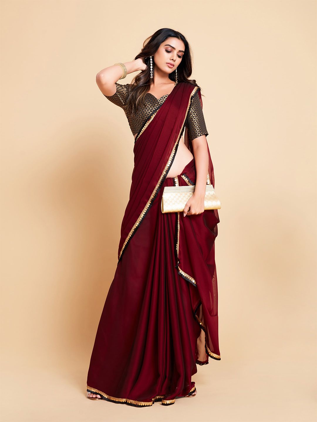 Maroon & Gold-Toned Zari Silk Blend Saree