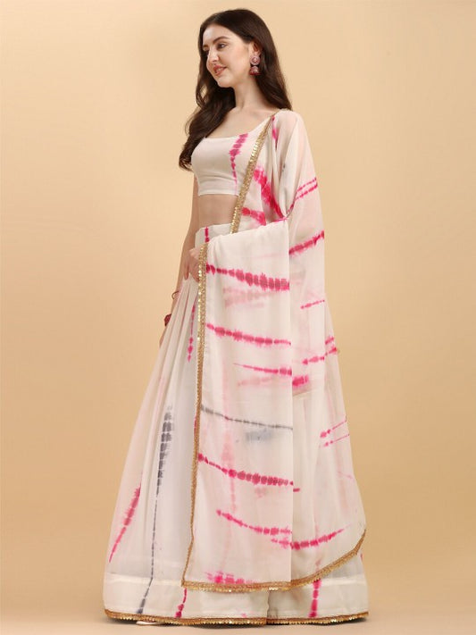 White & Pink Printed Semi-Stitched Lehenga & Unstitched Blouse With Dupatta