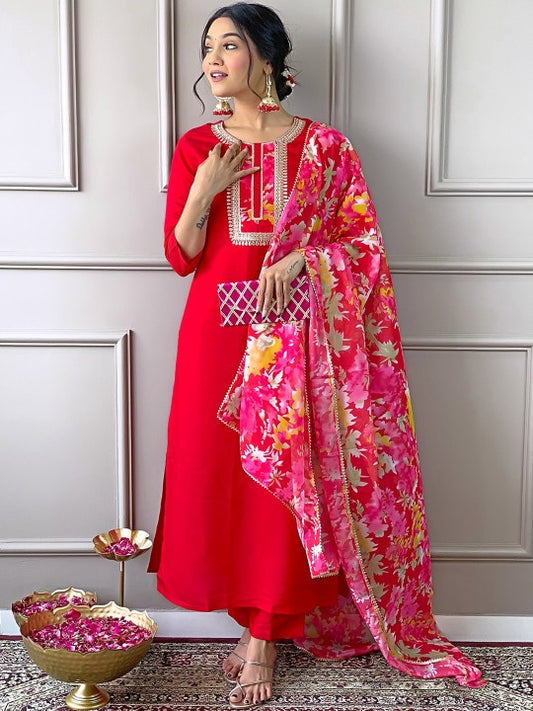 Ethnic Motifs Yoke Design Thread Work Straight Kurta with Trousers & Dupatta