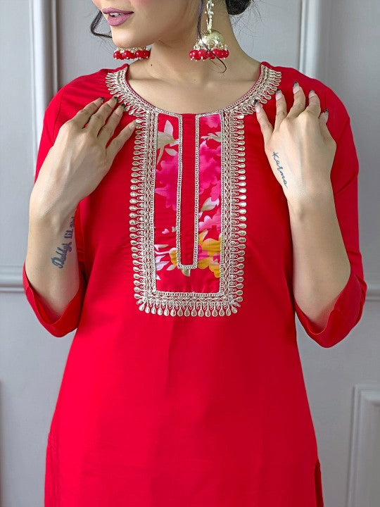 Ethnic Motifs Yoke Design Thread Work Straight Kurta with Trousers & Dupatta