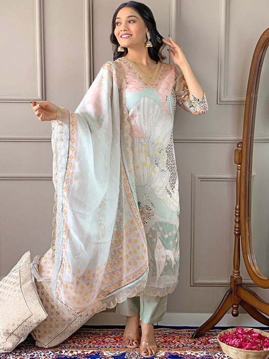 Floral Embroidered Sequinned Organza Kurta With Trousers & With Dupatta