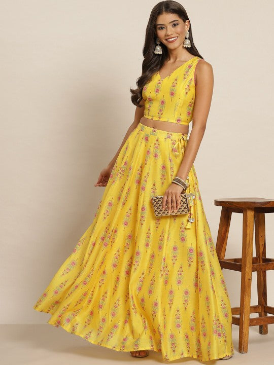 Women Chanderi Printed Lehenga & Crop Top