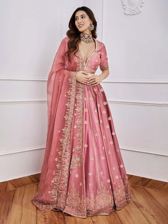 Embroidered Sequinned Semi-Stitched Lehenga & Unstitched Blouse With Dupatta