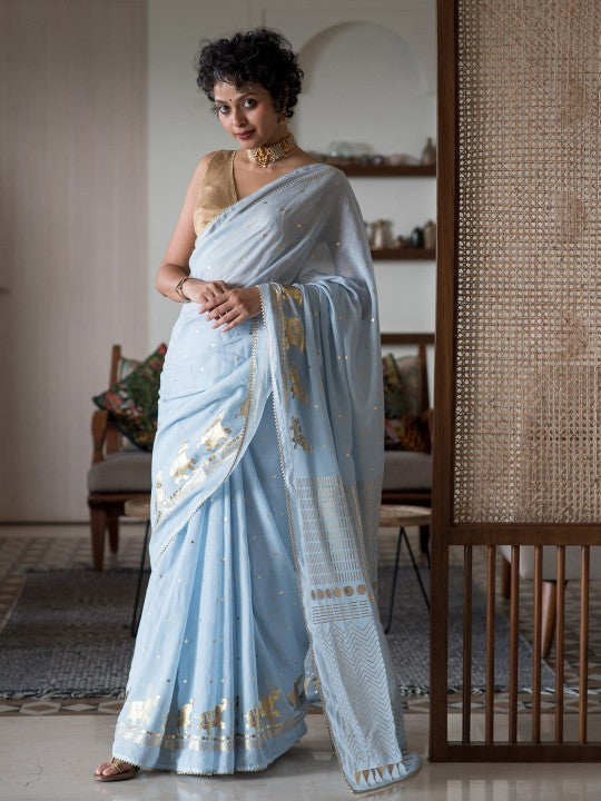 Blue & Gold-Toned Polka Dot Saree