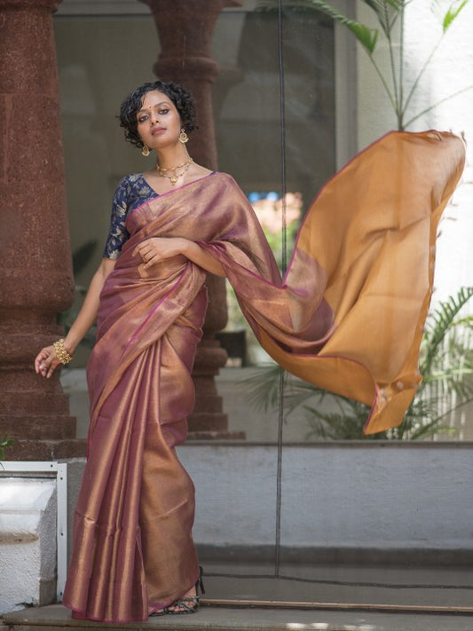 Pink & Gold-Toned Zari Pure Linen Saree