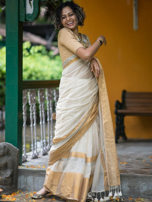 White & Gold-Toned Zari Detailed Saree