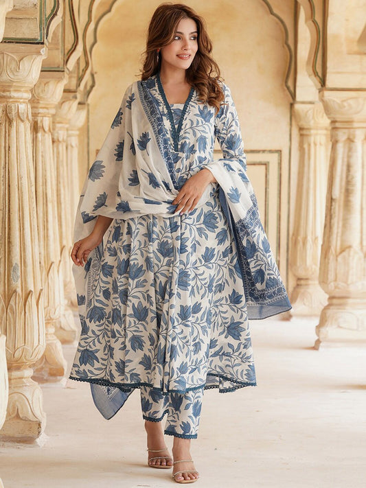 Floral Printed Anarkali Pure Cotton Kurta with Trousers & With Dupatta