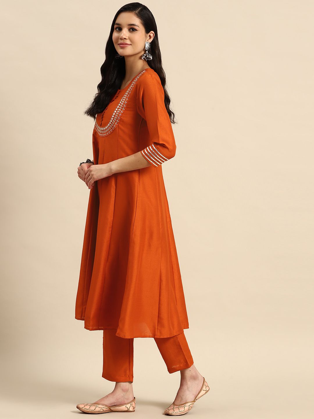 Ethnic Motifs Embroidered Mirror Work Silk Crepe Kurta with Trousers & Dupatta