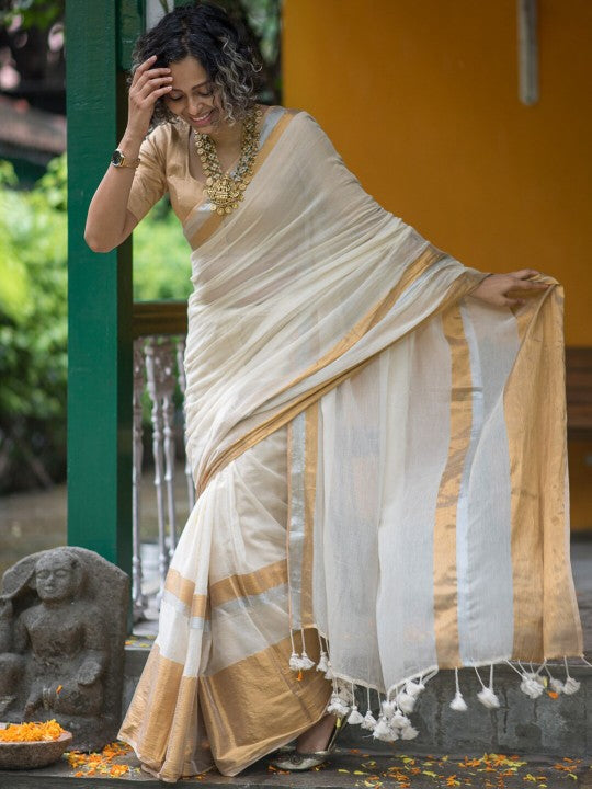 White & Gold-Toned Zari Detailed Saree