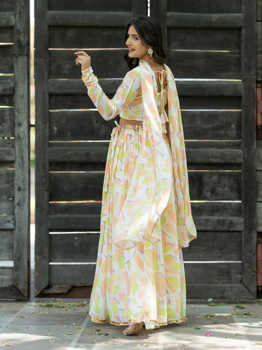 Abstract Printed Semi-Stitched Lehenga & Unstitched Blouse With Dupatta